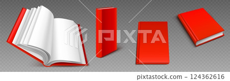 3d open red book set from different angles 124362616