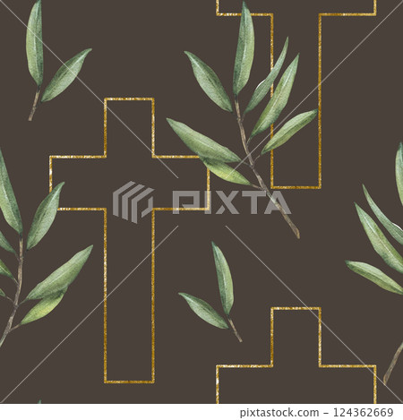 Golden Cross with green olive tree branch watercolor seamless pattern. Religious painted illustration. Gold framed cross. Clipart for christening, easter fabric, wallpaper on isolated dark background Golden Cross with green olive tree branch watercolor seamless pattern. Religious painted illustration. Gold framed cross. Clipart for christening, easter fabric, wallpaper on isolated dark background 124362669