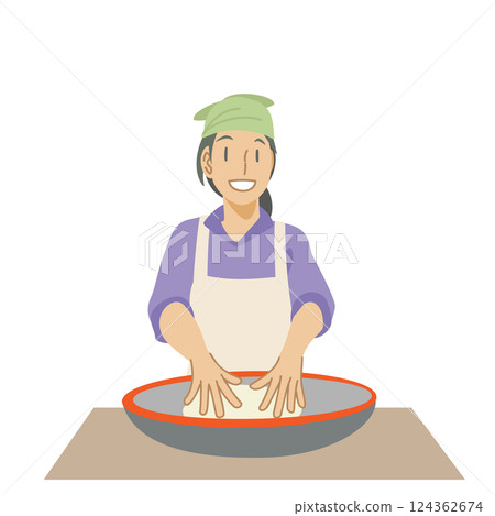 女人在揉麵碗裡揉蕎麥粉 女人在揉麵碗裡揉蕎麥粉 124362674