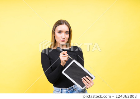 Woman has problems with computer. Concept - laptop breakdown. Woman's laptop breakdown. Woman has problems with computer. Concept - laptop breakdown. Woman's laptop breakdown. 124362808