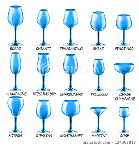 Set of colored glasses for wine, cocktails and other drinks. Drawings for a bar and restaurant. Set of colored glasses for wine, cocktails and other drinks. Drawings for a bar and restaurant. 124362818