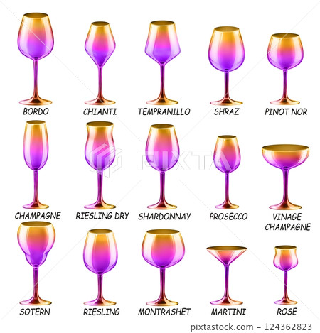 Set of colored glasses for wine, cocktails and other drinks. Drawings for a bar and restaurant. 124362823