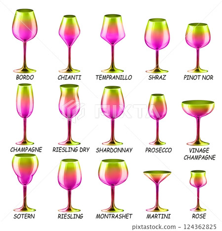 Set of colored glasses for wine, cocktails and other drinks. Drawings for a bar and restaurant. Set of colored glasses for wine, cocktails and other drinks. Drawings for a bar and restaurant. 124362825