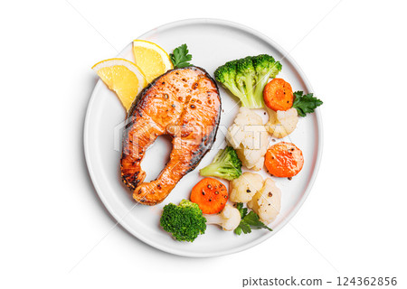 Grilled Salmon Steak and Steamed Vegetables Grilled Salmon Steak and Steamed Vegetables 124362856
