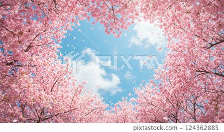 A spring scene in Japan with hard cherry blossom petals falling against a blue sky A spring scene in Japan with hard cherry blossom petals falling against a blue sky 124362885