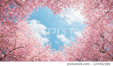 A spring scene in Japan with hard cherry blossom petals falling against a blue sky A spring scene in Japan with hard cherry blossom petals falling against a blue sky 124362886