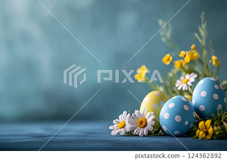 灰色背景中的彩色復活節彩蛋和鮮花 灰色背景中的彩色復活節彩蛋和鮮花 124362892
