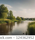 Photorealistic illustration of a forest on the other side of a large river 124362952