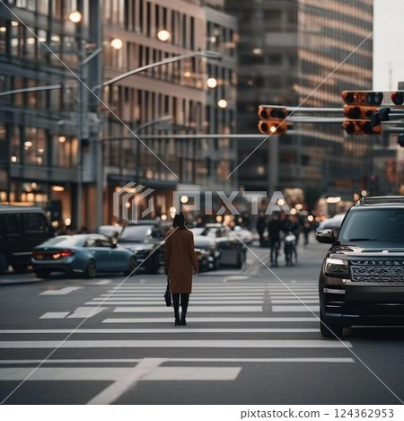 Photorealistic illustration of a fictional city intersection 124362953