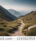 Photorealistic illustration of a mountain path and distant mountains 124362954