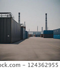 Photorealistic illustration of a fictional industrial warehouse area 124362955