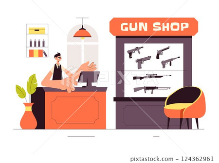 Gun Accessories Shop Vector Illustration featuring a Rifle, Bullets, Weapons, and Hunting Equipment in a Flat Style Cartoon Background Gun Accessories Shop Vector Illustration featuring a Rifle, Bullets, Weapons, and Hunting Equipment in a Flat Style Cartoon Background 124362961