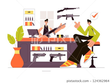 Gun Accessories Shop Vector Illustration featuring a Rifle, Bullets, Weapons, and Hunting Equipment in a Flat Style Cartoon Background 124362964