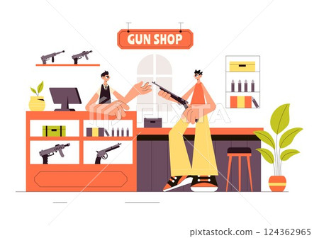 Gun Accessories Shop Vector Illustration featuring a Rifle, Bullets, Weapons, and Hunting Equipment in a Flat Style Cartoon Background 124362965
