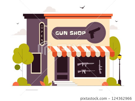 Gun Accessories Shop Vector Illustration featuring a Rifle, Bullets, Weapons, and Hunting Equipment in a Flat Style Cartoon Background 124362966