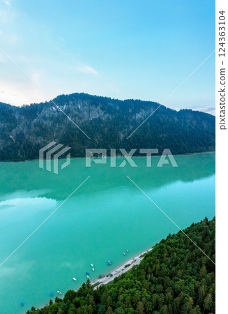 Drone image with Lake Sylvenstein and mountain peak in Bavarian Alps, Germany Drone image with Lake Sylvenstein and mountain peak in Bavarian Alps, Germany 124363104