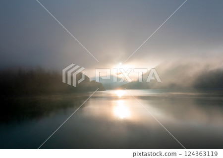Drone image at sunrise with fog over Lake Sylvenstein in Upper Bavaria region, Germany Drone image at sunrise with fog over Lake Sylvenstein in Upper Bavaria region, Germany 124363119