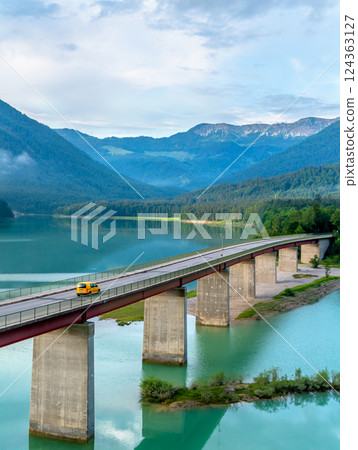 Lake Sylvenstein Bridge in an alpine scenery on a beautiful day of summer 124363127