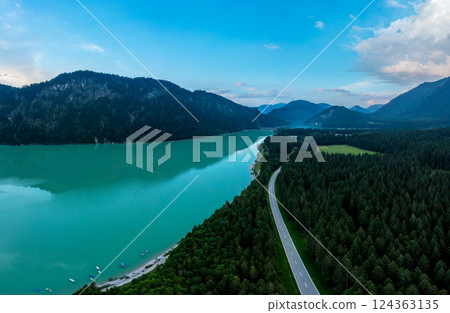 Drone aerial view of Sylvenstein Lake in the Bavarian Alps, Germany 124363135