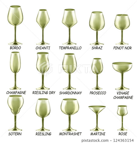 Set of colored glasses for wine, cocktails and other drinks. Drawings for bar and restaurant. 124363154