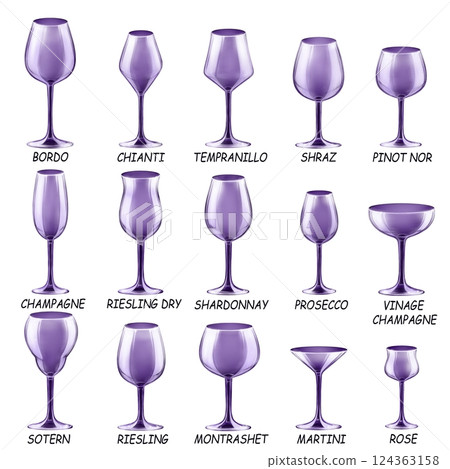 Set of colored glasses for wine, cocktails and other drinks. Drawings for bar and restaurant. 124363158