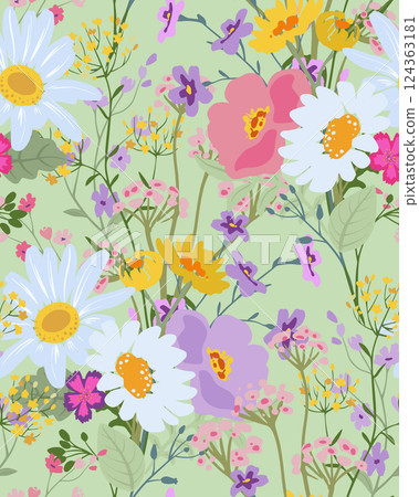 Vector seamless pattern with blooming meadow. Bright endless background with colorful wildflowers forget-me-nots, chamomile, daisies. Vector seamless pattern with blooming meadow. Bright endless background with colorful wildflowers forget-me-nots, chamomile, daisies. 124363181