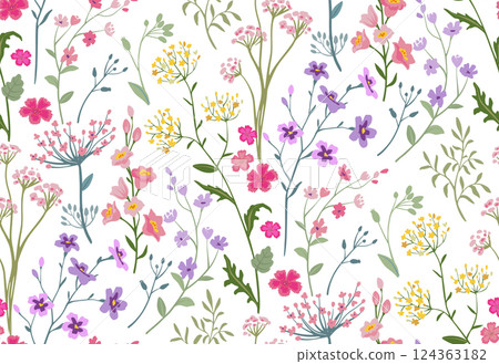 Vector seamless pattern with blooming meadow. Bright endless background with colorful wildflowers forget-me-nots, chamomile, daisies. Vector seamless pattern with blooming meadow. Bright endless background with colorful wildflowers forget-me-nots, chamomile, daisies. 124363182