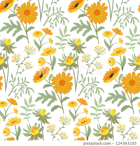 Vector seamless pattern with blooming meadow. Bright endless background with colorful wildflowers forget-me-nots, chamomile, daisies. 124363183