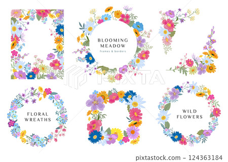 Collection of six vector wreaths and frames with colorful wildflowers. Elegant floral garlands with forget-me-nots, chamomile, daisies. Collection of six vector wreaths and frames with colorful wildflowers. Elegant floral garlands with forget-me-nots, chamomile, daisies. 124363184