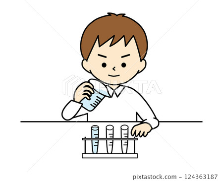Male student conducting an experiment with a beaker and test tube Male student conducting an experiment with a beaker and test tube 124363187