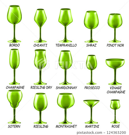 Set of colored glasses for wine, cocktails and other drinks. Drawings for bar and restaurant. Set of colored glasses for wine, cocktails and other drinks. Drawings for bar and restaurant. 124363200