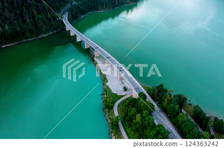 Aerial view image of Lake Sylvenstein Bridge in the Upper Bavaria region, Germany Aerial view image of Lake Sylvenstein Bridge in the Upper Bavaria region, Germany 124363242