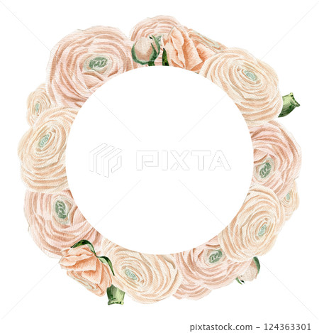 Watercolor hand drawn frame with different of peachy pink ranunculus in buds and blossoming flowers. 124363301