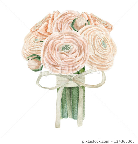 Watercolor hand drawn bouquet with different of peachy pink ranunculus in buds and blossoming flowers tied with a bow 124363303