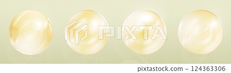 3d set of gold oil drops with bubble texture inside. Golden liquid spheres of collagen serum, cosmetic essence, hair keratin, vitamin. Isolated yellow balls, beauty skincare product. 3D illustration 3d set of gold oil drops with bubble texture inside. Golden liquid spheres of collagen serum, cosmetic essence, hair keratin, vitamin. Isolated yellow balls, beauty skincare product. 3D illustration 124363306