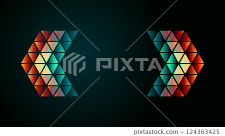 French quotes consists glass triangles on black background. Past future concept banner with quotes symbol. quote herringbone in retro futurism noir style. French quotation marks vector illustration. 124363425