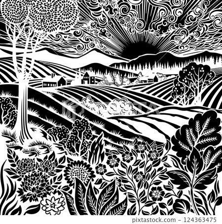 Fields Rolling Hills Farm Land Flowers Background Fields Rolling Hills Farm Land Flowers Background 124363475