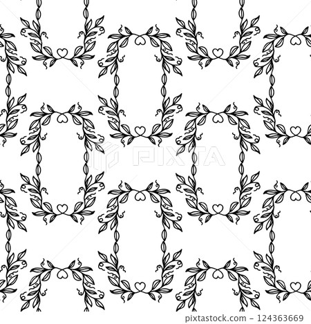 Floral vine greenery hand drawn seamless pattern with small heart. Perfect for background, textile, or wrapping paper A delicate, repeating pattern Minimalist and elegant aesthetic 124363669