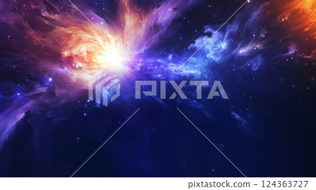 精神空間夢幻般的紫色和金色太空星雲 124363727