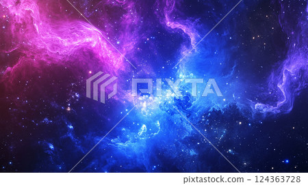 精神空間夢幻般的紫色和金色太空星雲 124363728