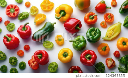 AI 圖片:白色背景上排列的彩色辣椒 AI 圖片:白色背景上排列的彩色辣椒 124363835