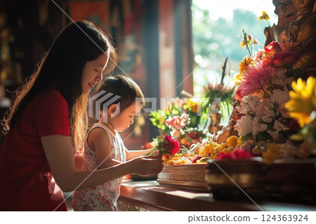 A mother and child share a spiritual moment on Vesak, offering flowers to Buddha 124363924