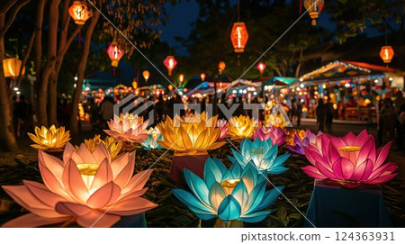 During Vesak, vibrant lotus lanterns glow brightly amidst the night 124363931