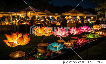 As the night unfolds on Vesak, lotus-shaped lanterns and colorful lights 124363932