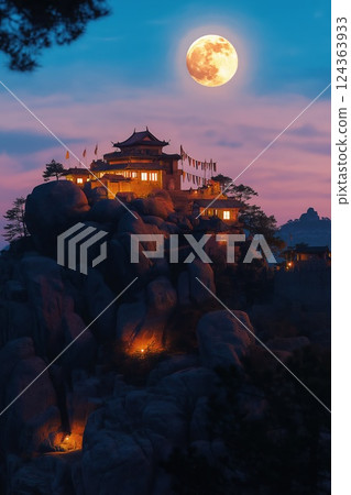 On the night of Vesak, the full moon illuminates a mountain temple 124363933