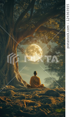 Buddha sits in deep meditation under the serene light of the full moon 124363935