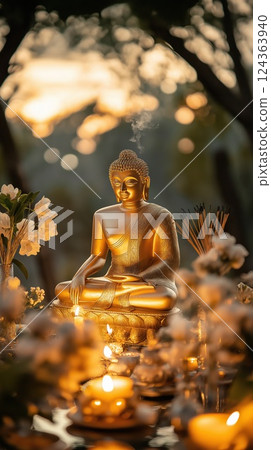 Buddha sits in peaceful meditation, surrounded by the soft glow of candles 124363940