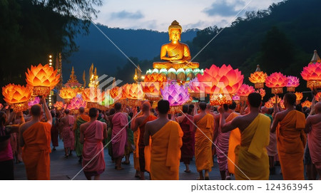 During the Vesak celebration monks walk peacefully in the glow of lotus lanterns 124363945