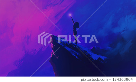 Spiritual space, silhouette of a girl reaching out to the fantastic sky 124363964