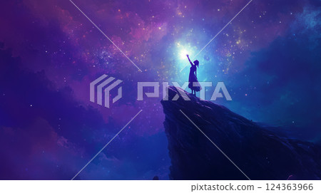 Spiritual space, silhouette of a girl reaching out to the fantastic sky 124363966